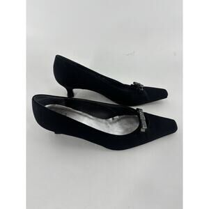 Stuart Weitzman Kitten Heels Womens 8M Black Rhinestone Bow Square Toe Pumps